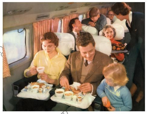 Food on planes became more refined as the years went on