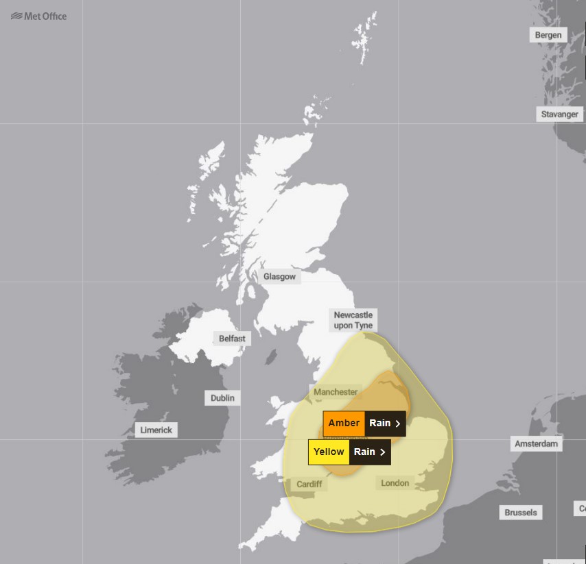 The Met Office issued an amber rain alert sweeping over Worcester, Birmingham, Nottingham and Hull