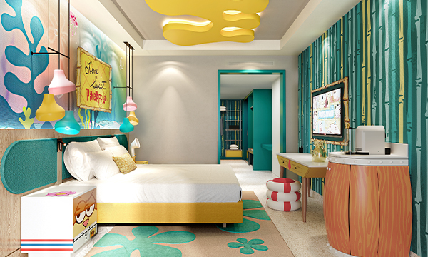 The rooms at the hotel are in the theme of Nikolodeon legends, like Spongebob SquarePants