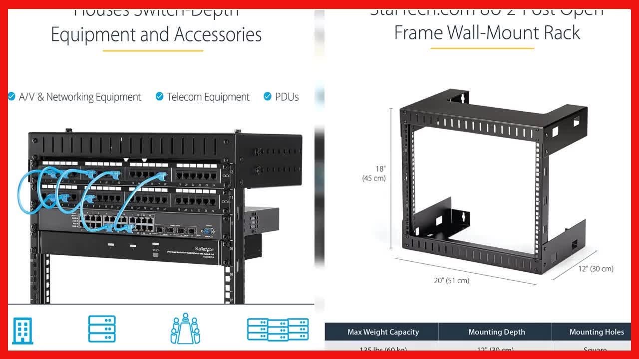 Great product -  StarTech.com 8U 19" Wall Mount Network Rack - 12" Deep 2 Post Open Frame Server Roo