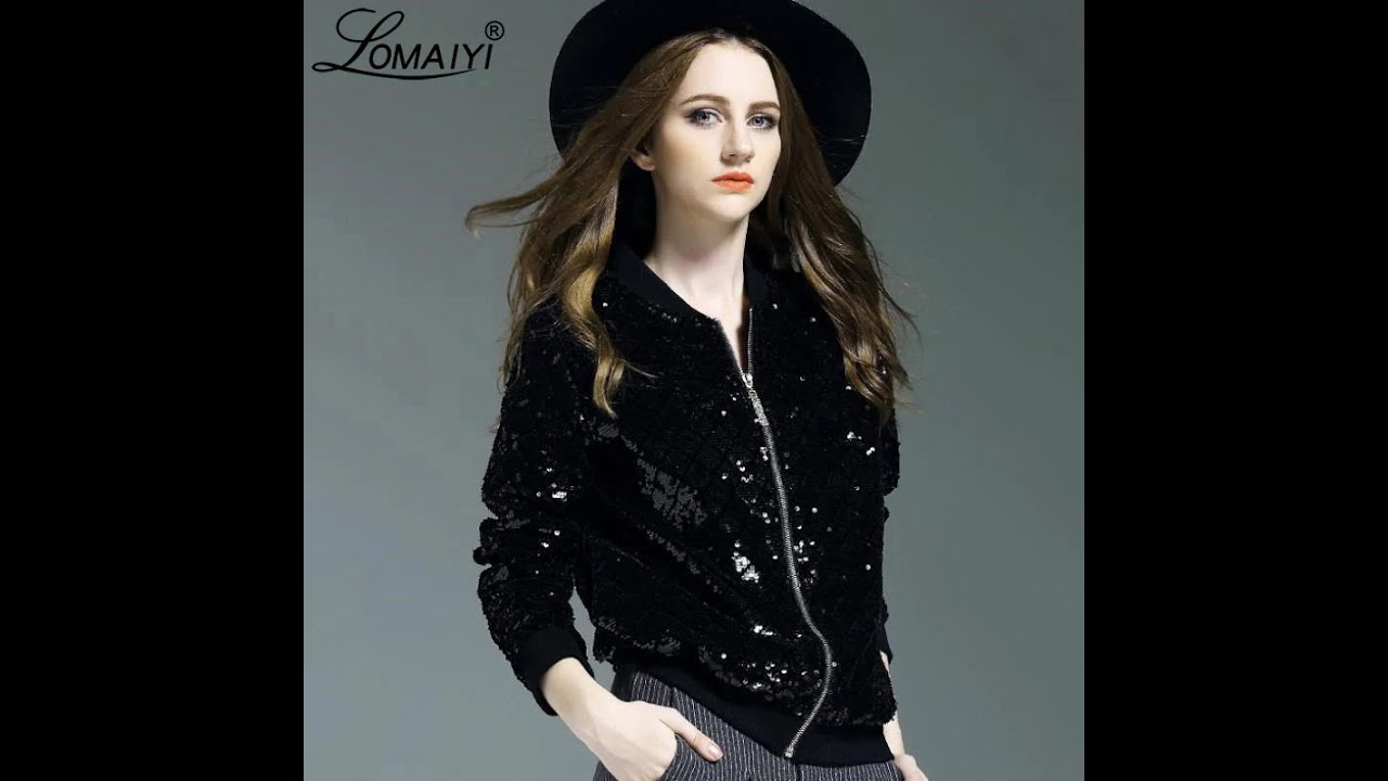 LOMAIYI Women-s Spring/Autumn Jacket Women Black Sequin Jacket Ladies Casual Coat Female Short