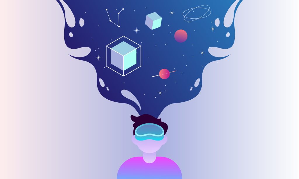 A boy in purple submerged in the metaverse wearing VR glasses and watching the outer space.