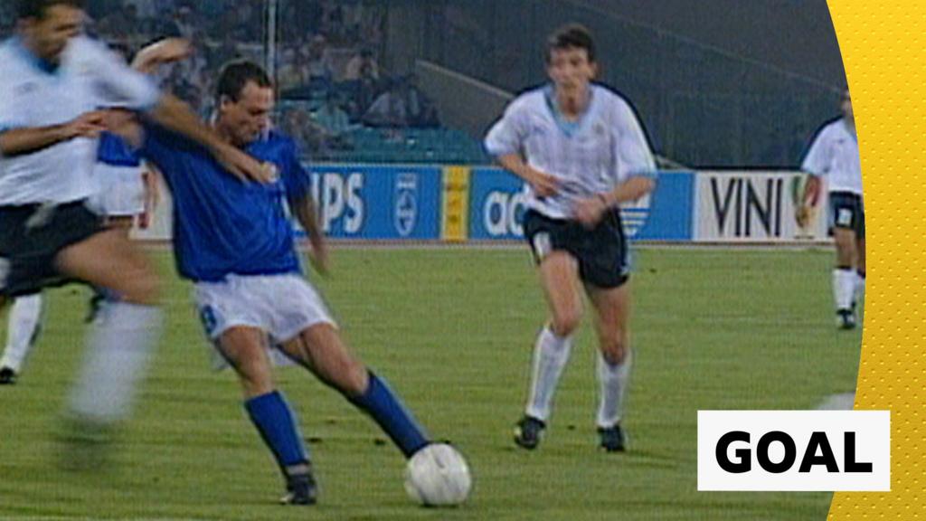 Salvatore 'Toto' Schillaci scores for Italy v Uruguay at 1990 World Cup