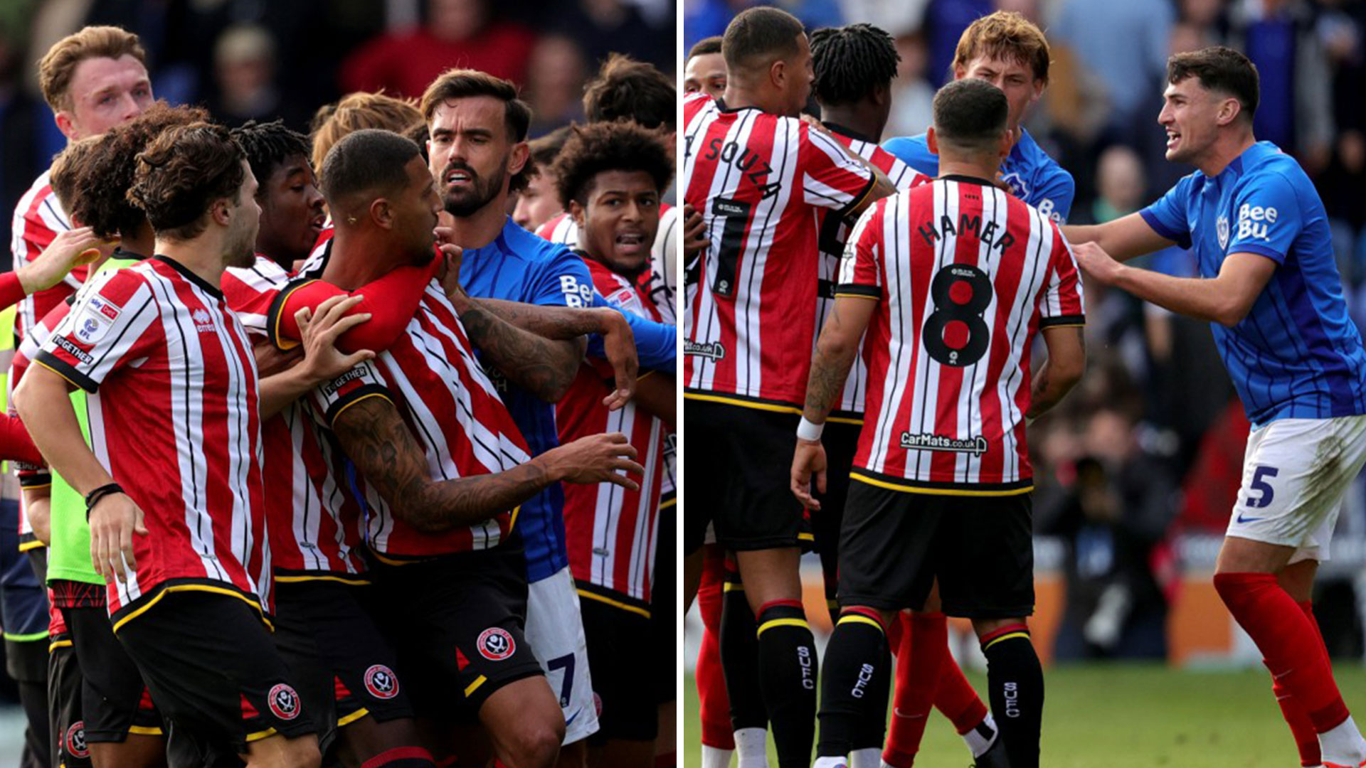 Sheffield United stars held back as Championship clash with Portsmouth descends into brawl at full-time whistle