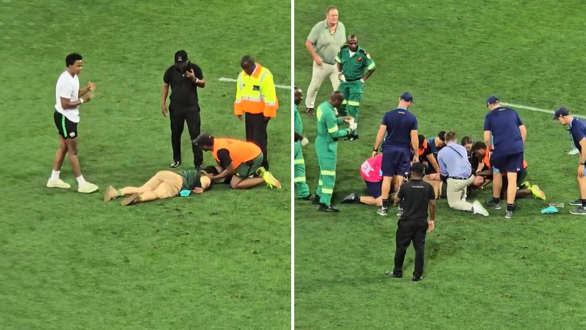 Dramatic moment pitch invader is KNOCKED OUT by security during rugby match - but wakes up and asks for his beer