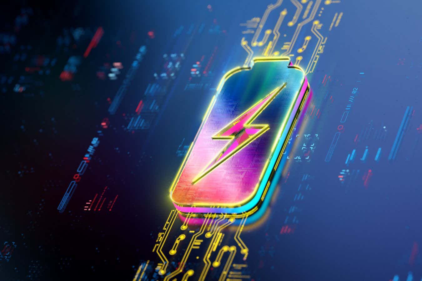 Battery icon futuristic background. Innovations and efficiency of power supply evolution. Futuristic battery icon in world of technological progress concept. CGI 3D render