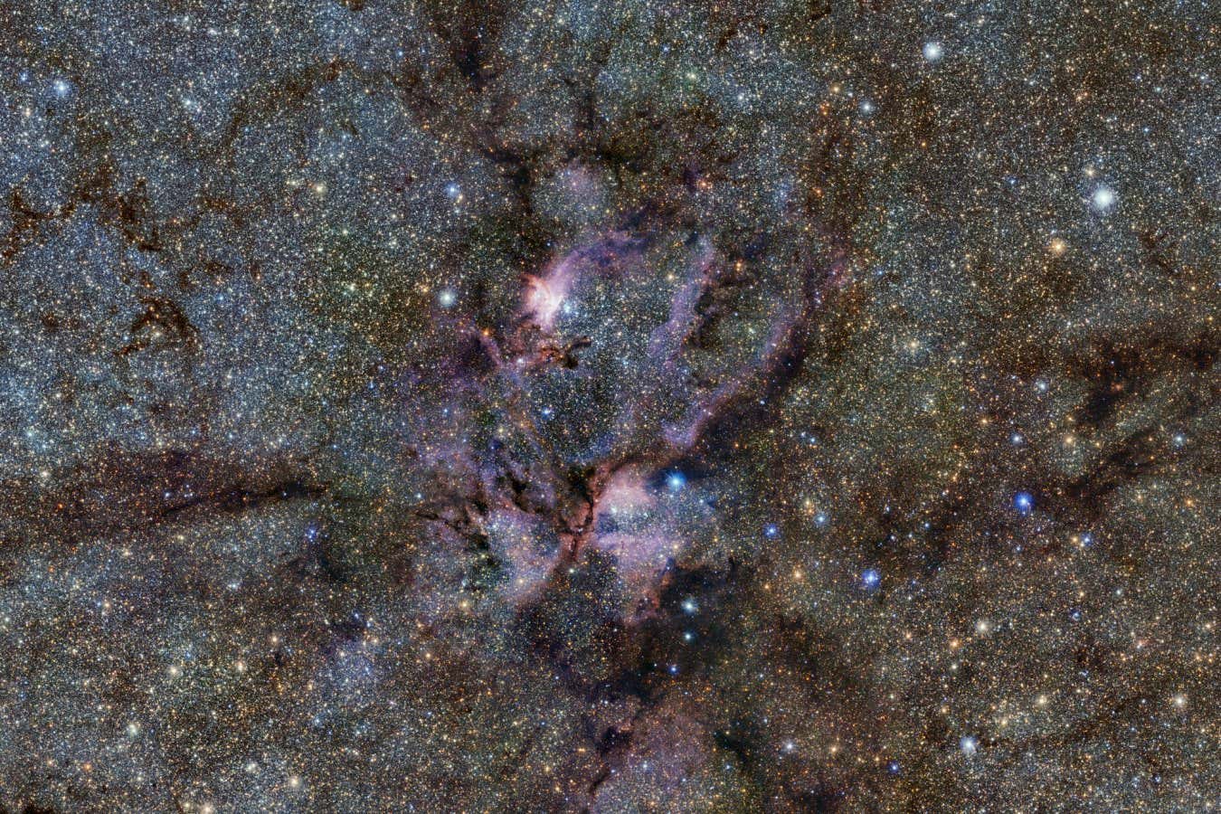 This image from ESO?s VISTA telescope captures a celestial landscape of vast, glowing clouds of gas and tendrils of dust surrounding hot young stars. This infrared view reveals the stellar nursery known as NGC 6357 in a new light. It was taken as part of the VISTA Variables in the V?a L?ctea (VVV) survey, which is currently scanning the Milky Way in a bid to map our galaxy?s structure and explain how it formed.