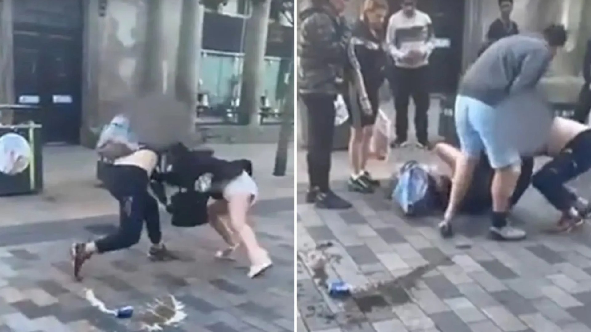 Moment huge brawl erupts between two women outside Wetherspoons as one dragged by her hair & passerby screams to 'stop'