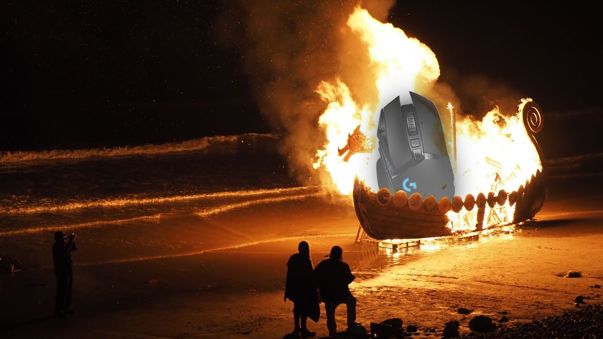 The Logitech G502 Lightspeed Wireless gaming mouse atop a burning Viking funeral ship.