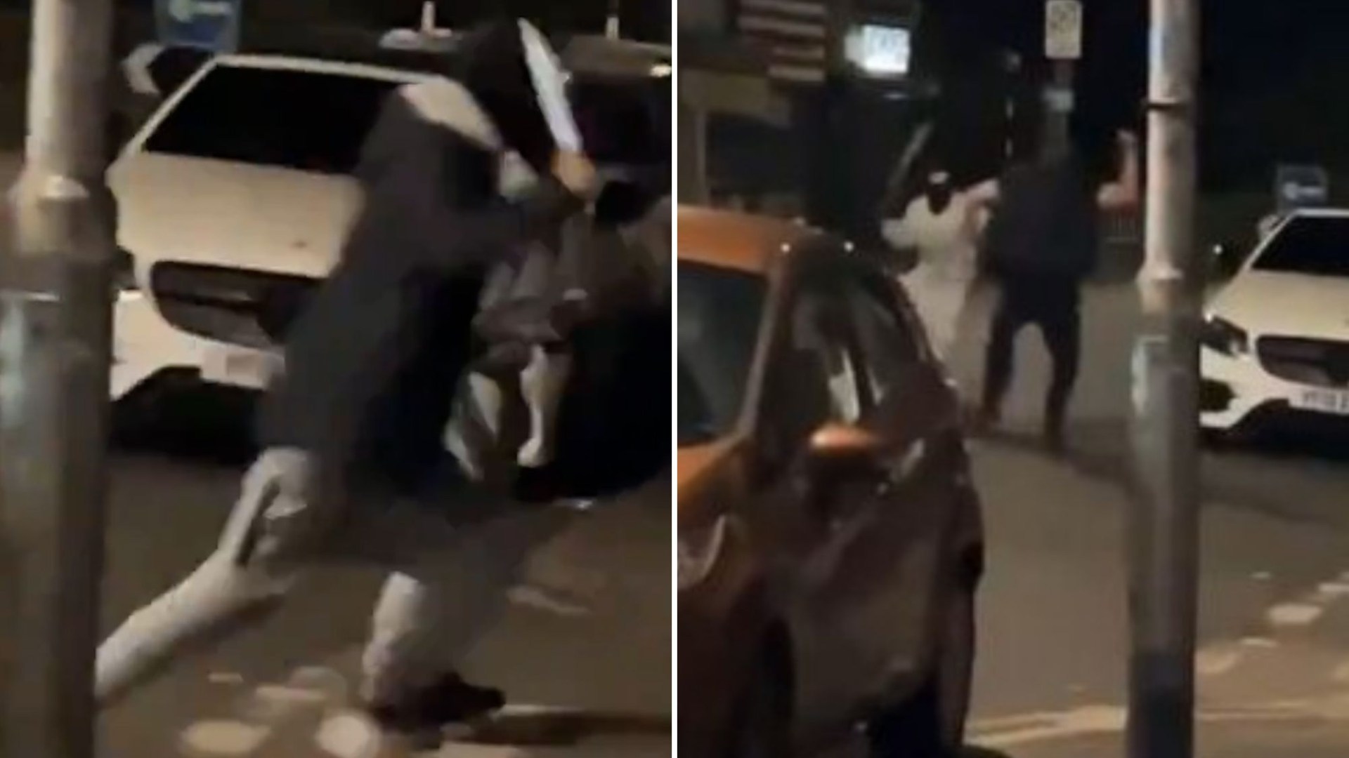 Terrifying moment machete duel erupts in street as rival gangs swing wildly at each other