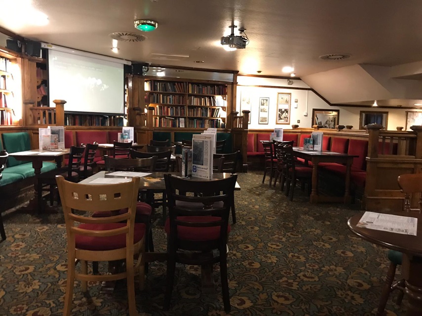 Inside is the classic Wetherspoons carpet as well as vintage movie posters and bookcases