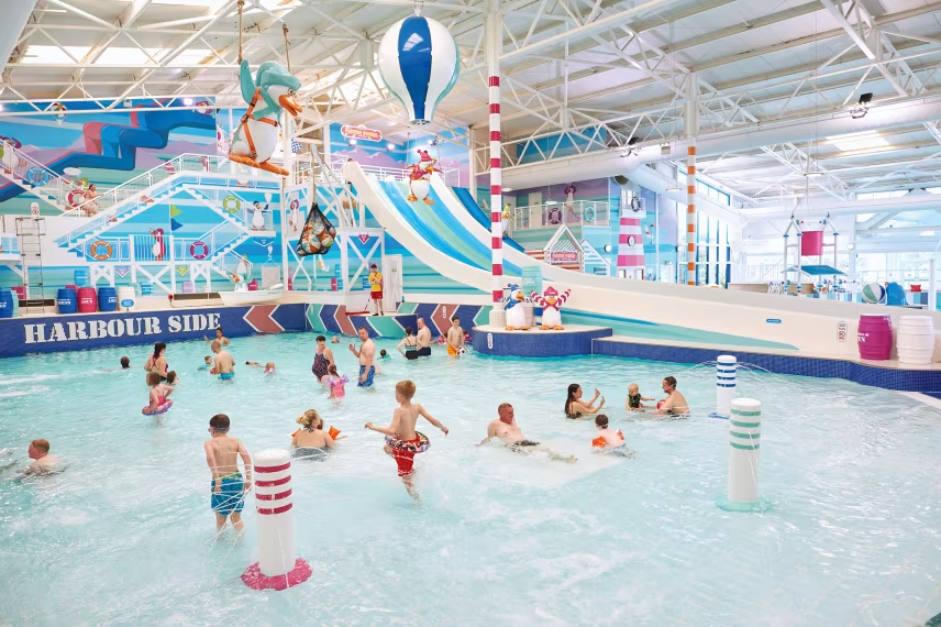 Splashaway Bay features two water flumes, a giant tipping bucket, a tots' pool and water features