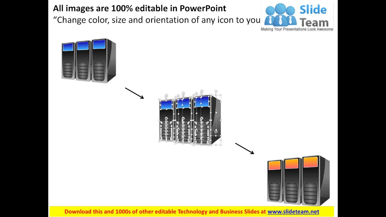 0814 Three datacenter servers with compute blades in a rack side by side ppt Slides