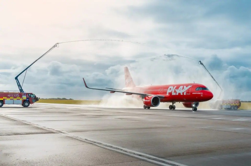 The first-ever flight got a water salute from airport firefighters