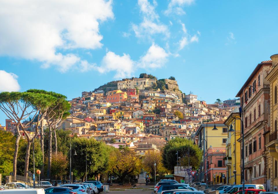 The nearby medieval village of Rocca di Papa, with its colourful houses tumbling down a steep cliffside in a maze of narrow streets