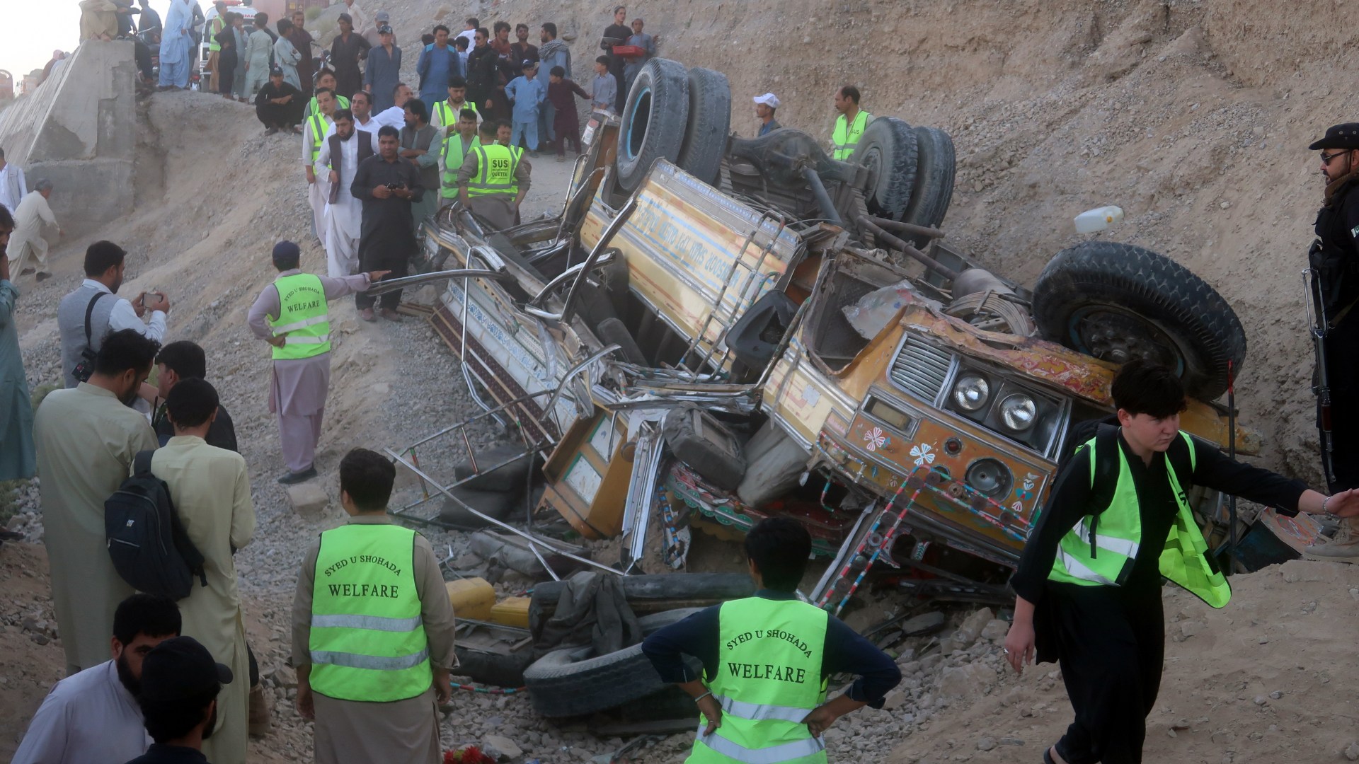 At least seven killed & 37 injured in horror crash after packed wedding bus plunges into rocky ravine in Pakistan