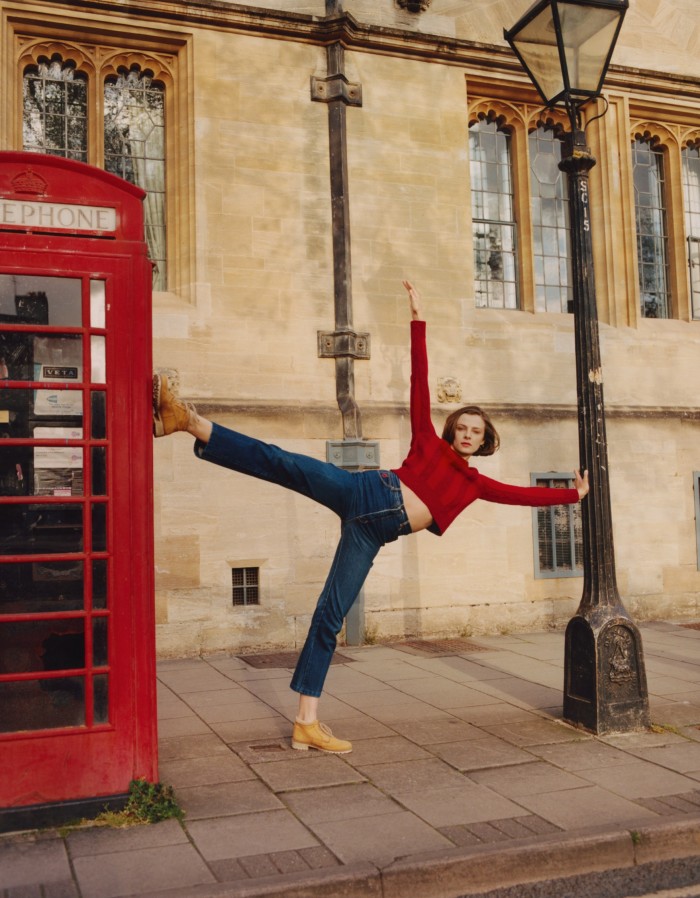 Grace wears Chanel wool/cashmere pullover, £2,570. Vintage denim jeans and desert boots, both stylist’s own. Throughout: Annoushka gold hoop earrings, £1,590; all other jewellery, Grace’s own