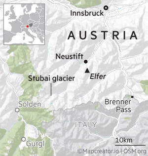 Map showing the Stubai Glacier in Austria, with nearby areas such as Elfer mountain, Innsbruck, Neustift, Sölden and the Brenner Pass