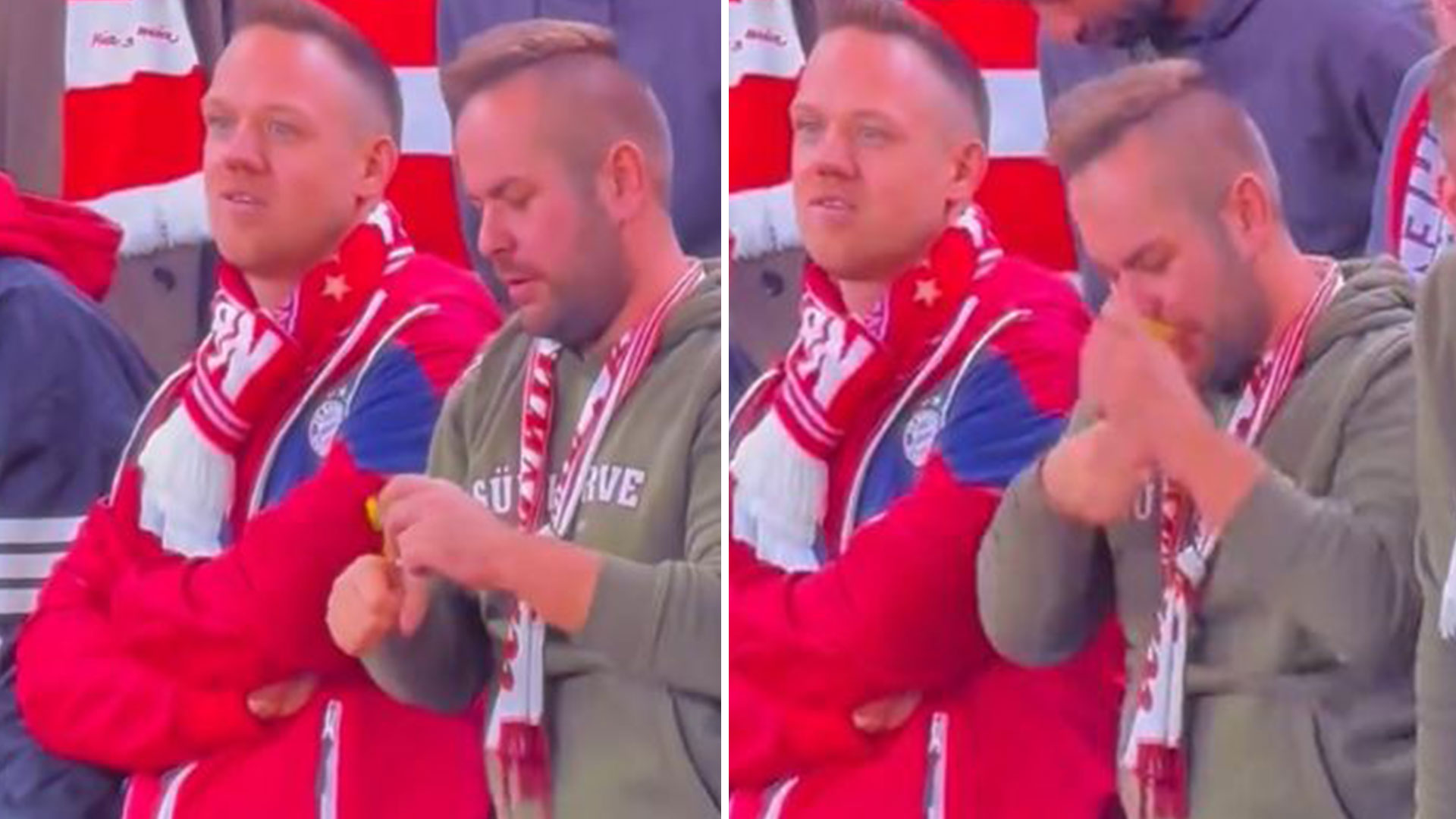 TV cameras quickly cut away as fan appears to go to snort substance during Aston Villa's clash against Bayern Munich