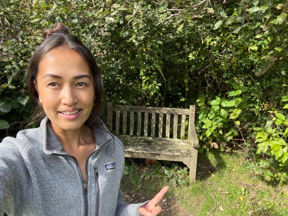 The 'Magic Bench' is located by Bewl Water and is tucked next to the bushes