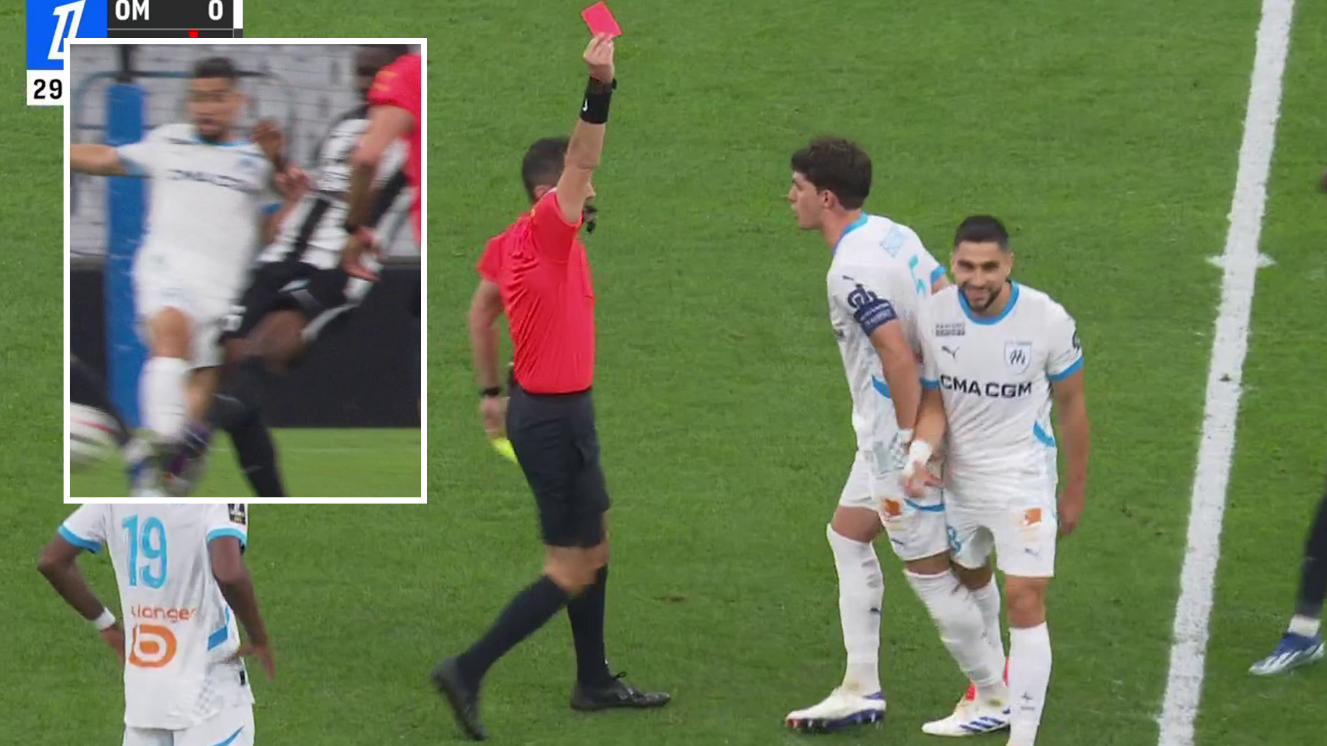 Premier League cult villain Neal Maupay laughs are being sent off for Marseille with two bookings in three minutes