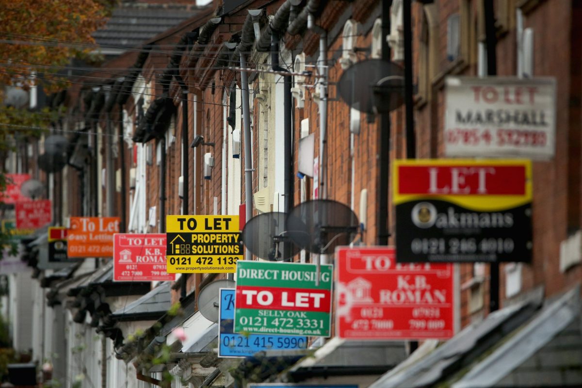 BIRMINGHAM, UNITED KINGDOM - OCTOBER 14: An array of To Let and For Sale signs protrude from houses in the Selly Oak area of Birmingham on October 14, 2014 in Birmingham, United Kingdom. The ONS (Office for National Statistics) have released details of it's findings showing the north-south divide in house prices is the biggest in history. Properties in the London area are nearly 3.5 times more expensive than homes in the north-east of England. (Photo by Christopher Furlong/Getty Images)