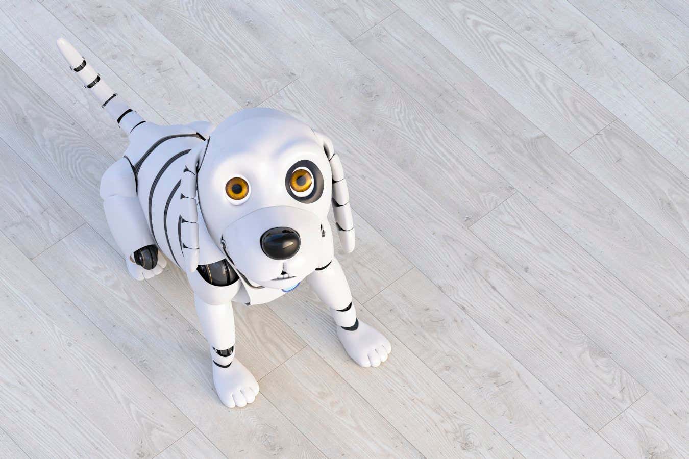 Portrait of robot dog sitting on wooden floor, 3d rendering