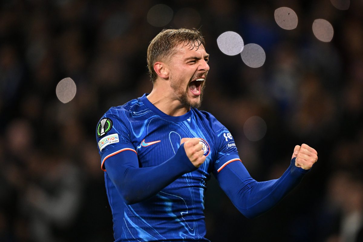 LONDON, ENGLAND - OCTOBER 03: Kiernan Dewsbury-Hall of Chelsea celebrates scoring his team's fourth goal during the UEFA Conference League 2024/25 League Phase MD1 match between Chelsea FC and KAA Gent at Stamford Bridge on October 03, 2024 in London, England. (Photo by Mike Hewitt/Getty Images)