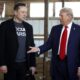 BUTLER, PENNSYLVANIA - OCTOBER 05: Republican presidential nominee, former President Donald Trump offers his hand to Elon Musk back stage during a campaign rally at the Butler Farm Show grounds on October 05, 2024 in Butler, Pennsylvania. This is the first time that Trump has returned to Butler since he was injured during an attempted assassination on July 13. (Photo by Anna Moneymaker/Getty Images)