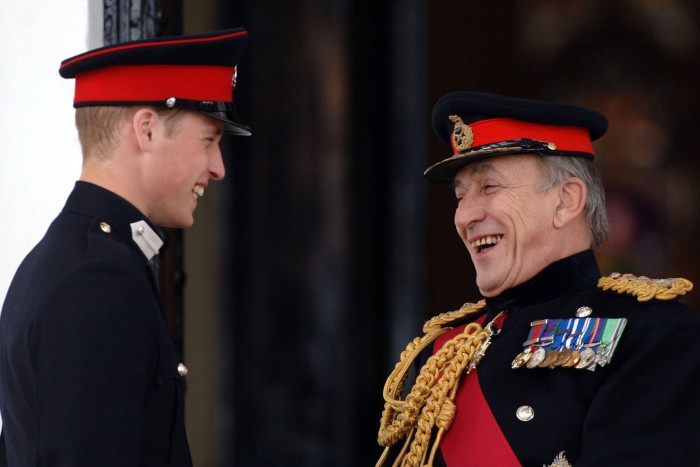 Prince William jokes with General Sir Michael Jackson at the passing-out Sovereign’s Parade at Sandhurst Military Academy