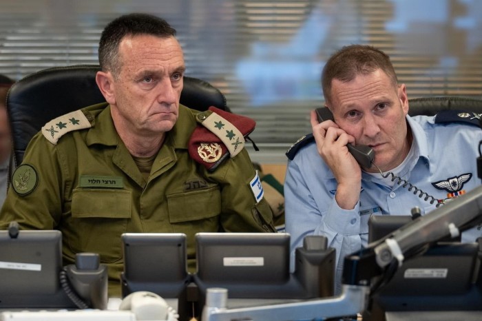 Image supplied by the IDF of The Chief of the General Staff, LTG Herzi Halevi, is currently commanding the strike on Iran from the Israeli Air Force underground command center in Camp Rabin (The Kirya) with the Commanding Officer of the Israeli Air Force, Maj. Gen. Tomer Bar.