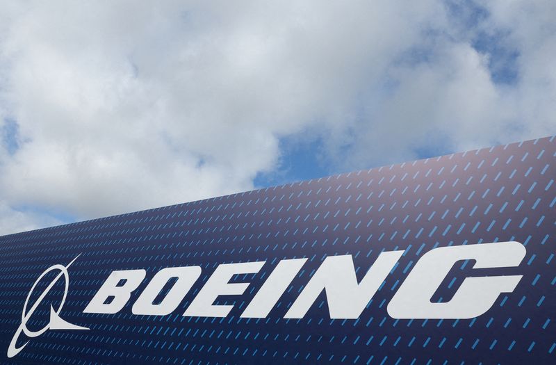 FILE PHOTO: Boeing branding at Farnborough International Airshow, in Farnborough