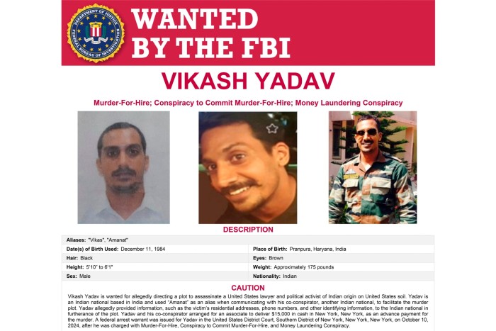 FBI wanted poster for Vikash Yadav