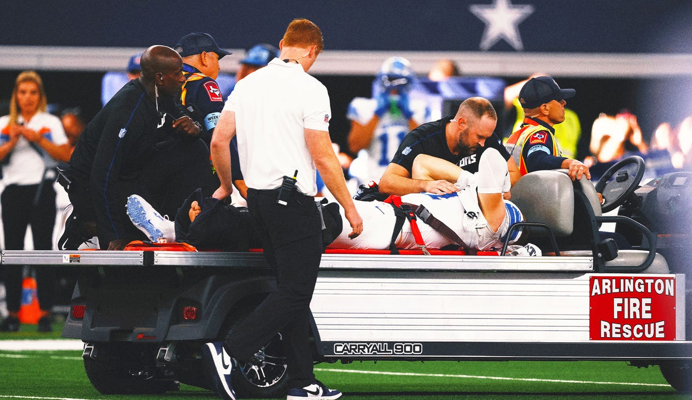 Lions' Aidan Hutchinson carted off field with broken fibia vs. Cowboys