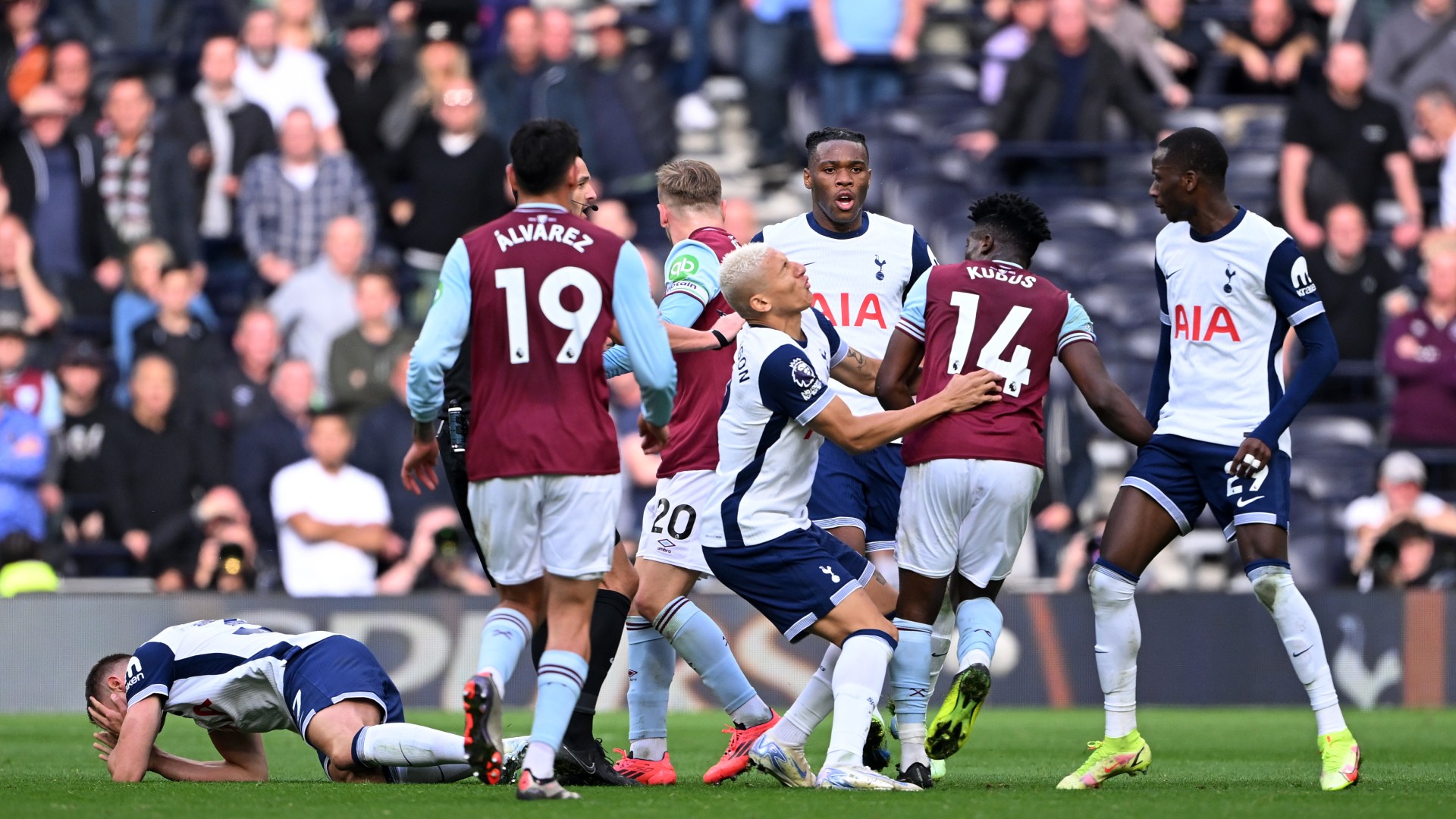 Richarlison gets instantly KO'd as unlucky Tottenham star rushes to get involved in brawl with West Ham ace Kudus