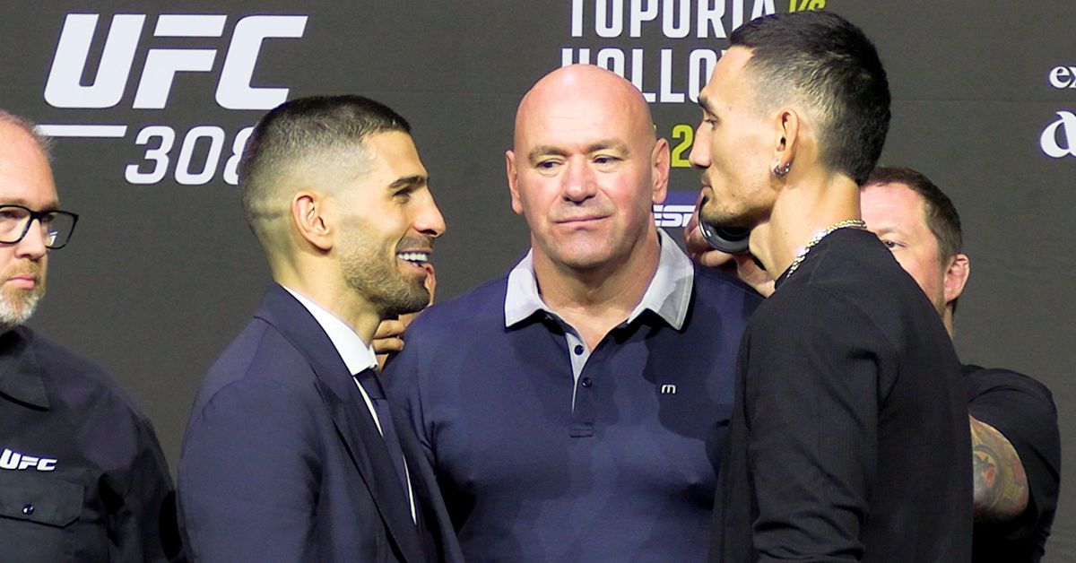 UFC 308 press conference staredowns: Ilia Topuria laughs in Max Holloway’s face ahead of main event