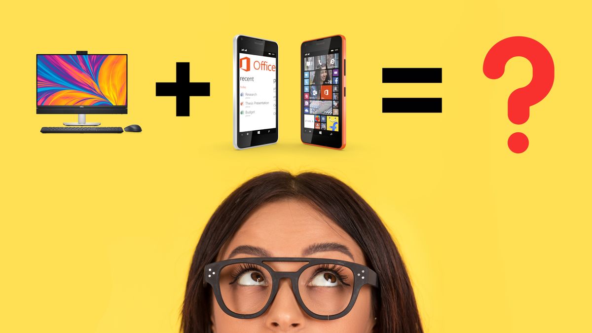 A woman looking up thoughtfully at an equation that shows a PC added to a Windows Phone equals a question mark.