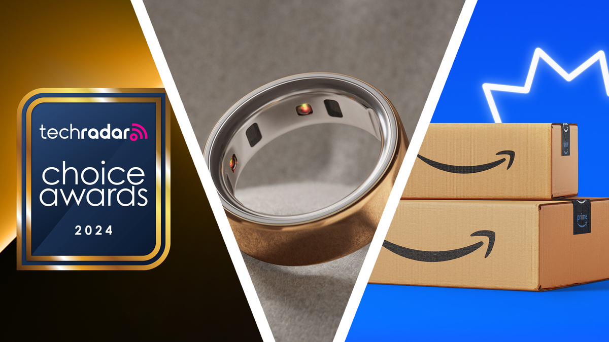 The TechRadar Choice Awards 2024 logo floats next to an Oura ring and Amazon delivery boxes.