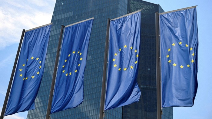 EU flags in front of the European Central Bank’s headquarters in Frankfurt