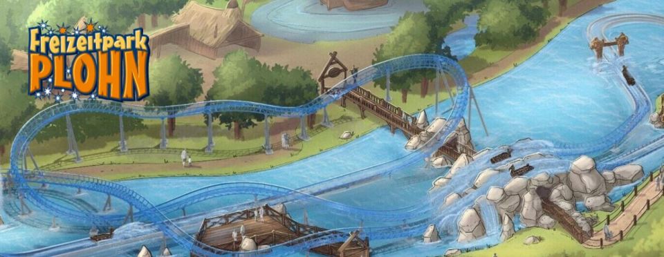 An artistic impression of the theme park shows fans what the ride could look like when it opens with a winding track suspended over a lake