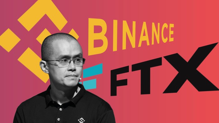 Changpeng Zhao, CEO of Binance, is shown in front of a red background featuring the Binance and FTX logos.