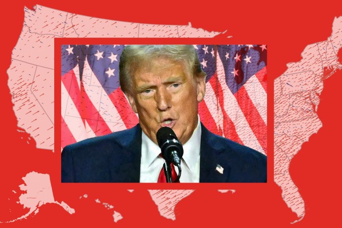 Montage showing Donald Trump with an American flag backdrop, framed by a red map of the US