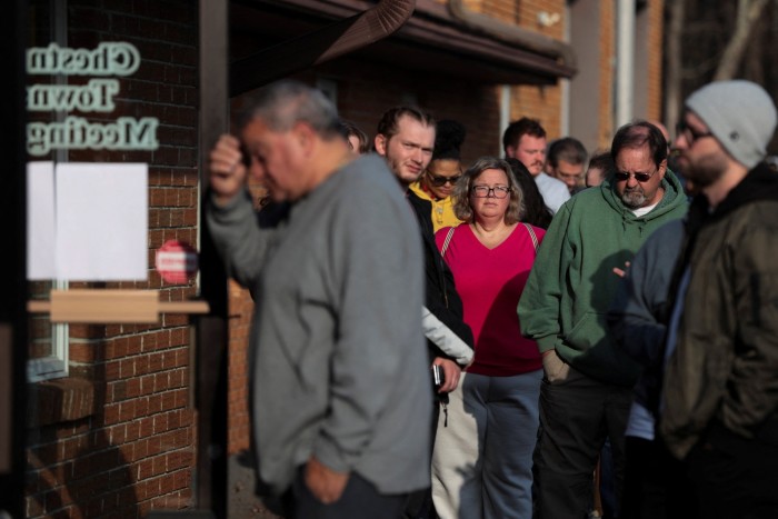 Voters wait in line at Chestnuthill Township Municipal Building in Brodheadsville, Pennsylvania on November 5 2024