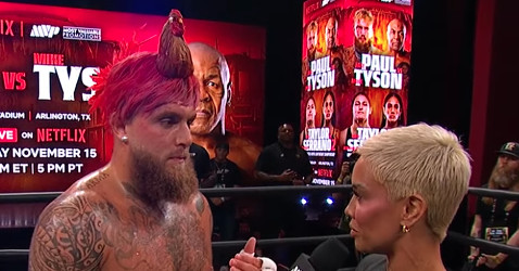 Video: Jake Paul rips shirt, has rooster’s hair at Paul vs. Tyson open workouts