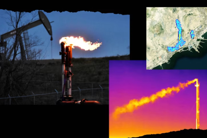 A flare to burn methane from oil production is seen on a well pad near Watford City, North Dakota. A screen grab from thermographic video footage shot with an infrared camera and made available to Reuters June 10, 2021 by Clean Air Task Force, shows what appears to be a plume of methane gas flowing from a vent stack at the SNAM underground storage facility in Minerbio, Italy.