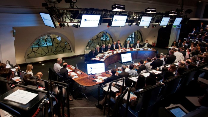 Members of the Monetary Policy Committee conduct a briefing inside the Bank of England’s headquarters in London