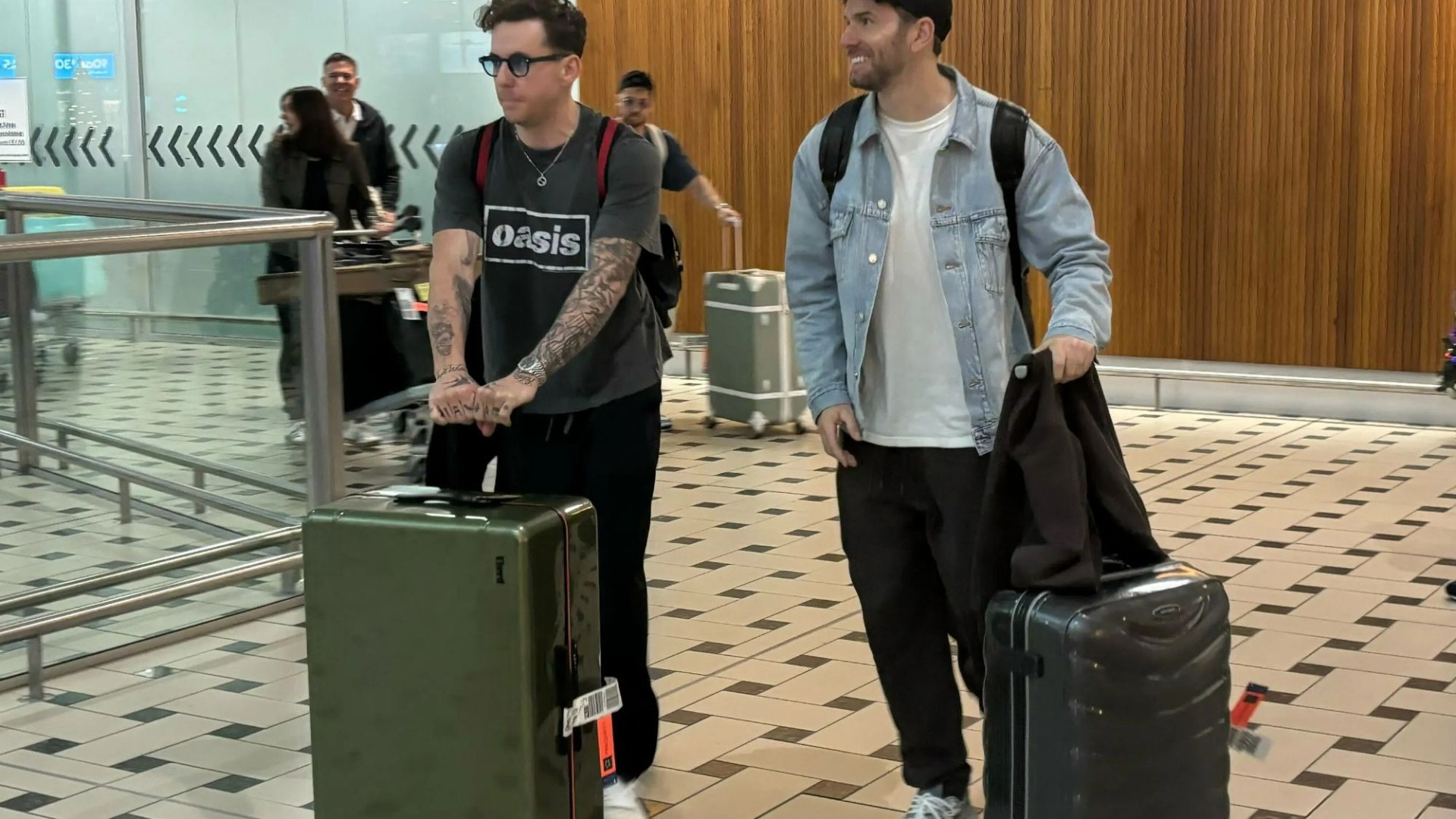 McFly's Danny Jones breathes a sigh of relief as the first I'm A Celeb campmate to touch down in Oz after stormy flight