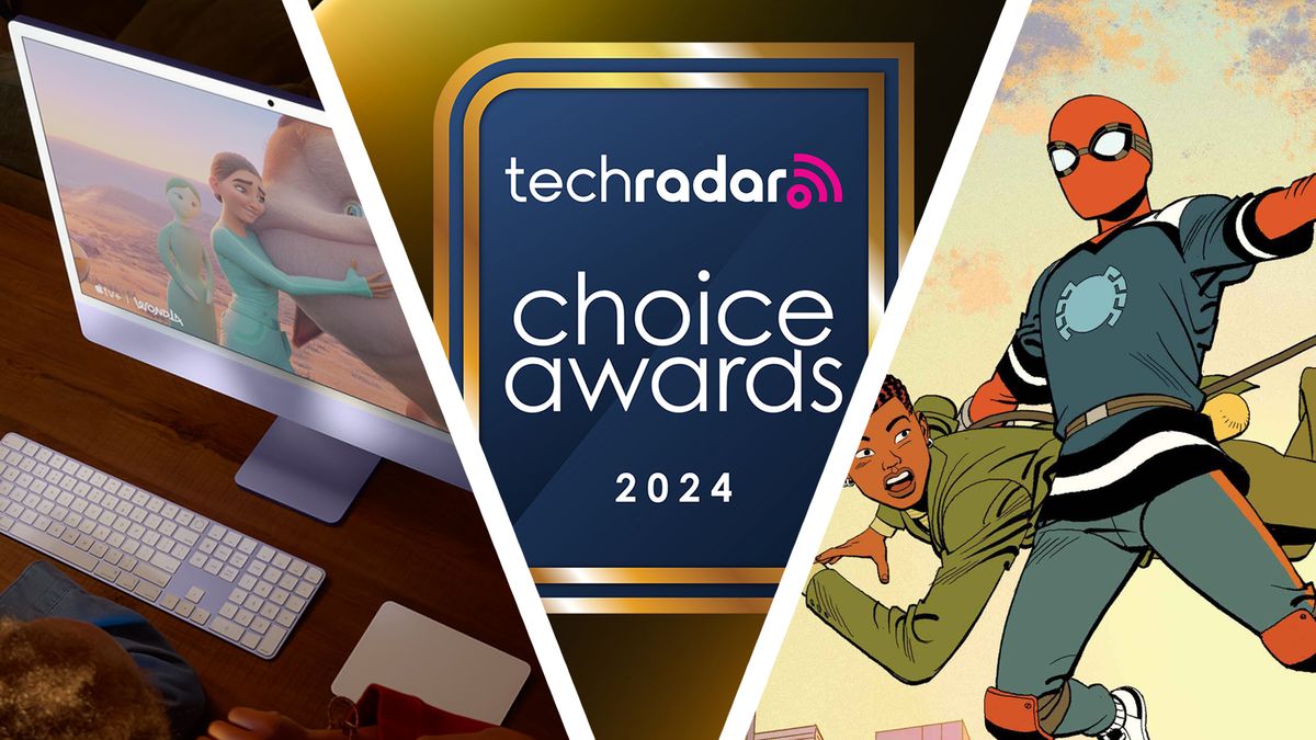 An m4 iMac on a desk, Spider-Man swings in to save a civilian, and the TechRadar Choice Awards 2024 logo next to each other.