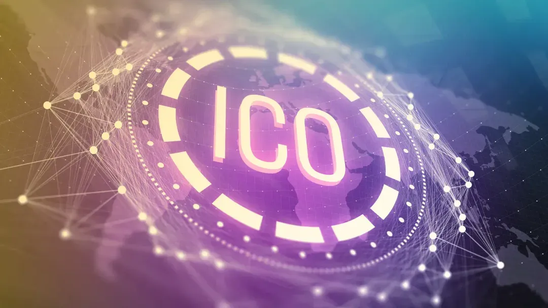 Illustration of ICO fundraising with tokens, blockchain connections, and a global community.