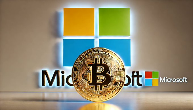 Bitcoin logo with Amazon and Microsoft logos in the background.